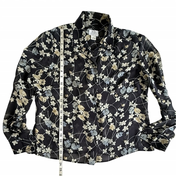 Ann Taylor LOFT 100% Silk Blouse Size 14 Navy Floral Semi Sheer Button Front Top - Picture 8 of 9